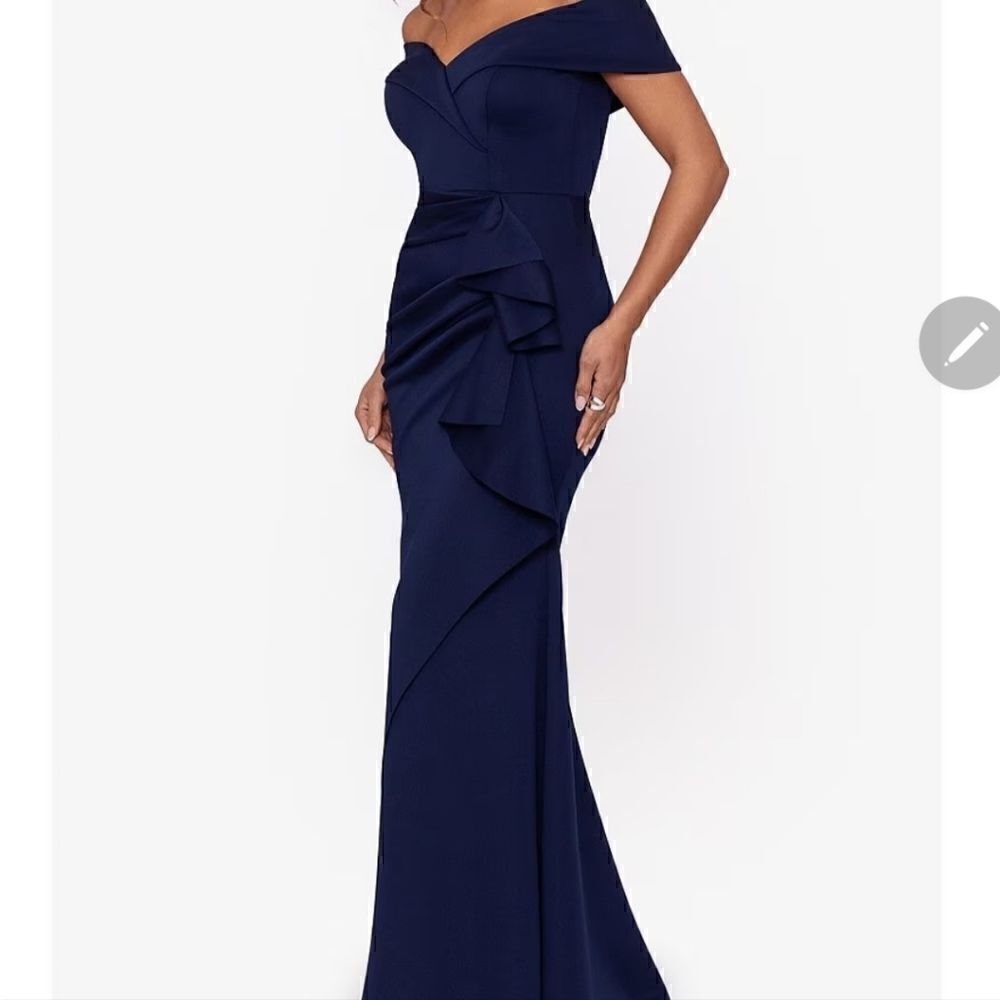 Xscape Stretch Off-the-Shoulder Short Sleeve Mermaid Gown with Ruffle